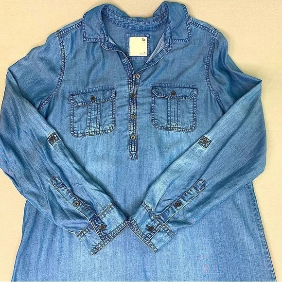 SO Women's 100% Lyocell Chambray Half Button Down Long Sleeve Top Shirt Size M - Picture 5 of 11